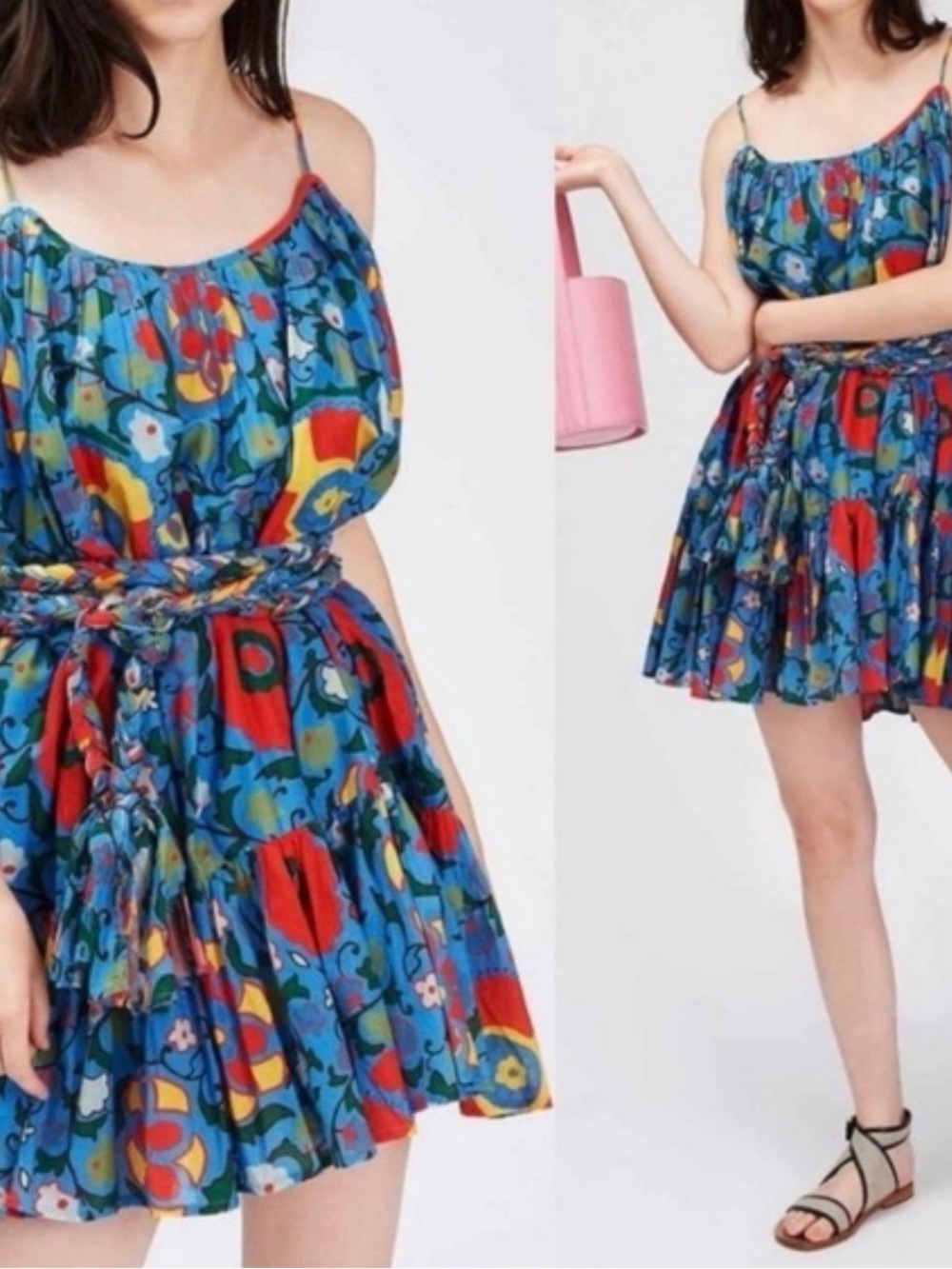 RHODE Multicolor Floral Blue Tiered Mini Dress